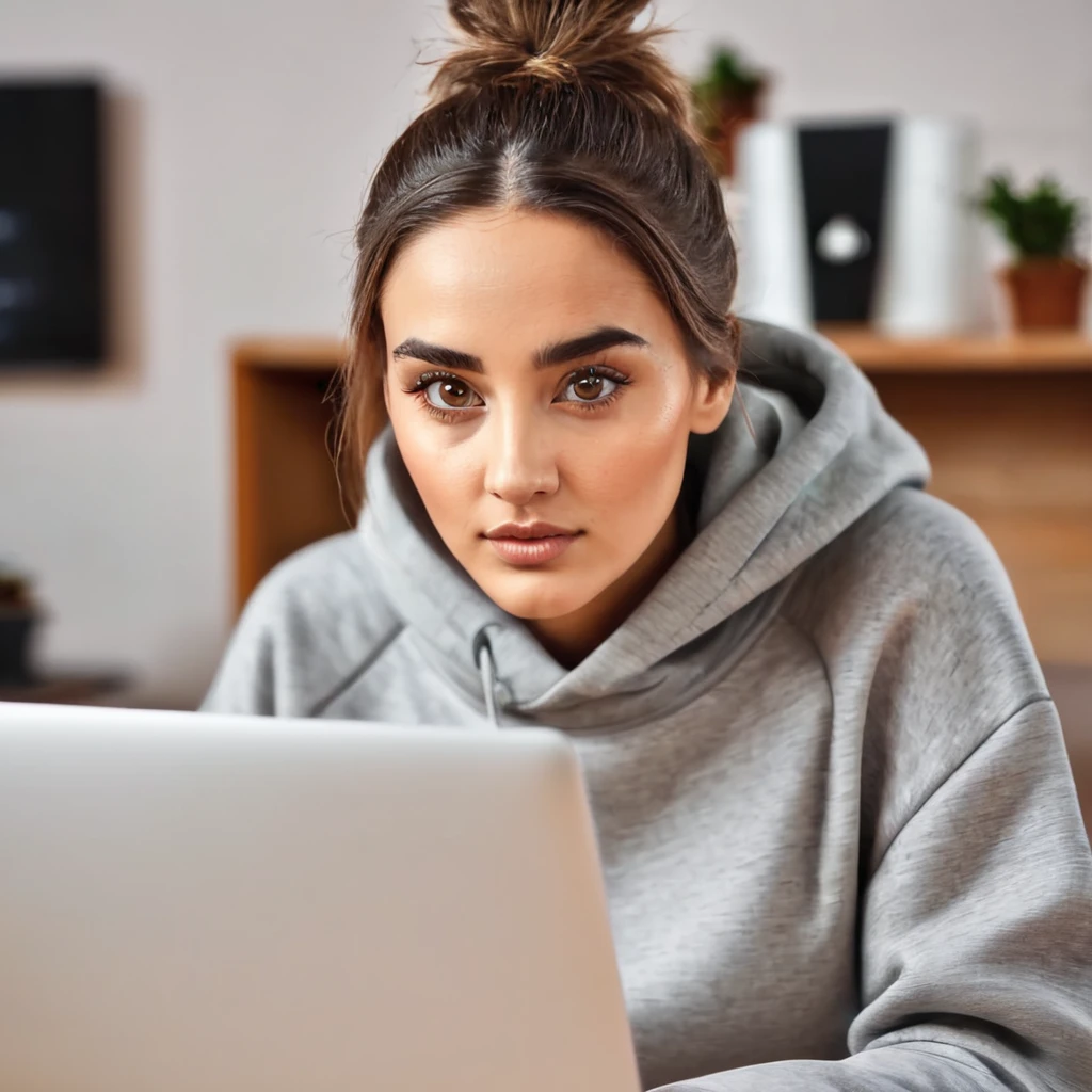 pretty young woman with a big gray beard, brown bob hair, hazel eyes, large rounded nose, behind her laptop, dressed in sweatshirt