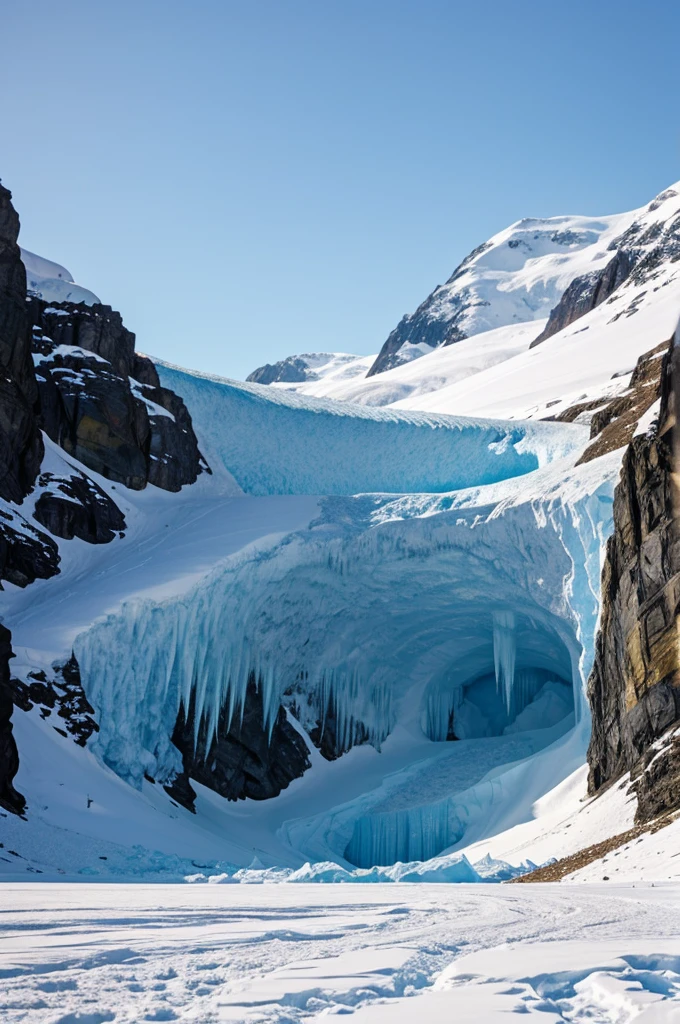 Cold ice cave revealing a snowing glacier landscape