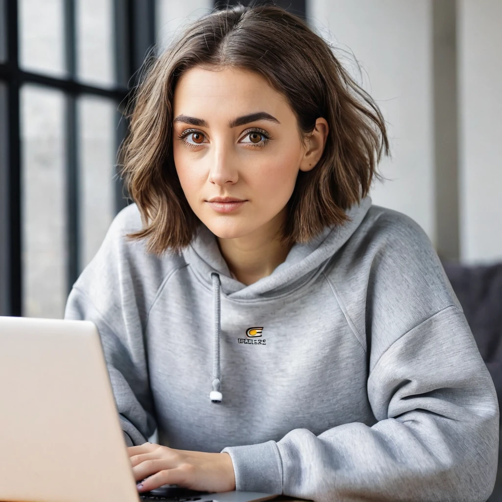 pretty young woman with a big gray beard, brown bob hair, hazel eyes, large rounded nose, behind her laptop, dressed in sweatshirt