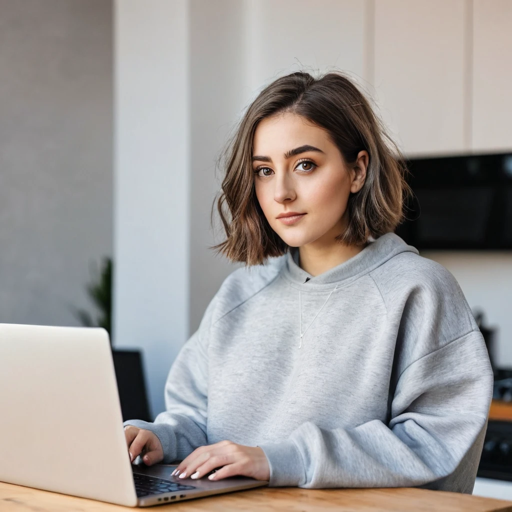 pretty young woman with a big gray beard, brown bob hair, hazel eyes, large rounded nose, behind her laptop, dressed in sweatshirt