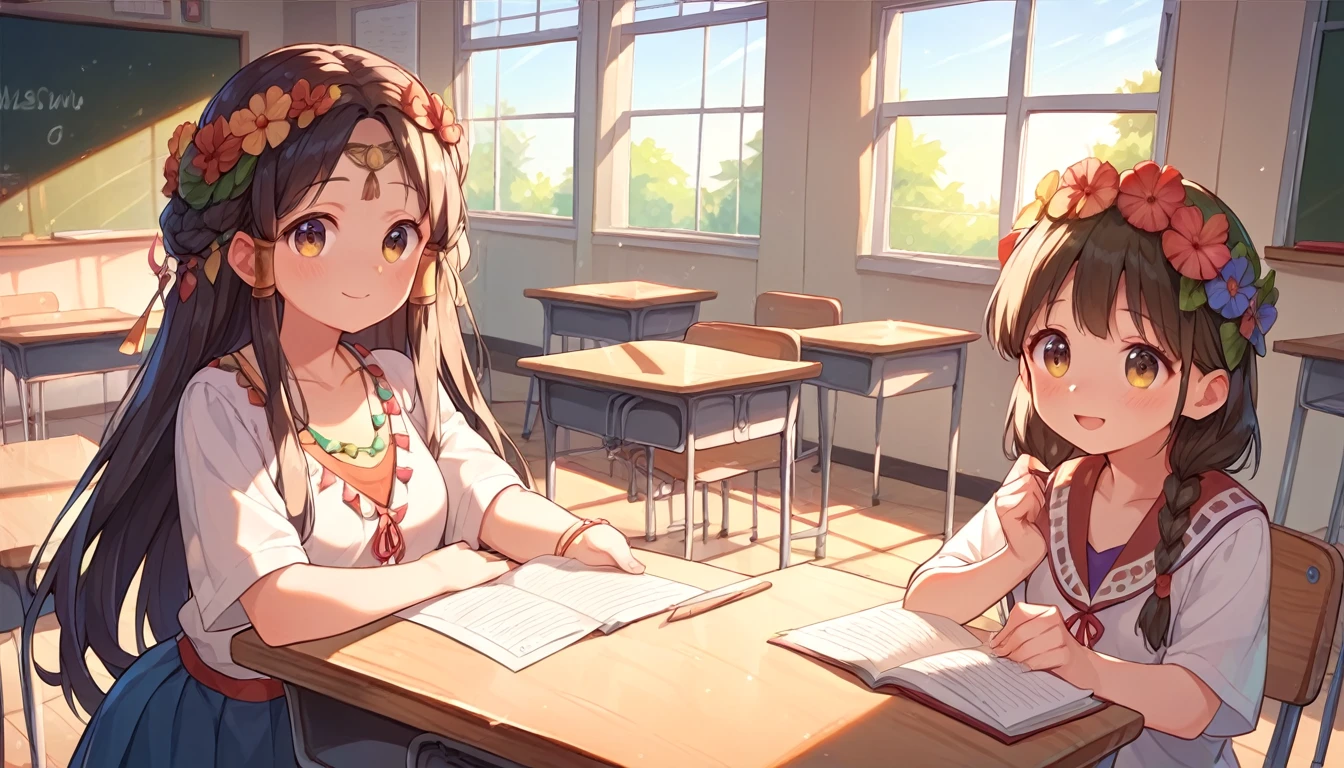 ((multiple girls:1.3)), ((moe style:1.3)), ((hippie:1.3)), ((classroom:1.3)),  ((centerfold:1.3)), ((extremely feminine:1.3)), perfect hands, ((perfect face)), ((extremely cute:1.3)), ((masterpiece)), ((8k)), ((best quality)), ((beautiful)), ((extremely detailed:1.3)) , ((absurdres)), AddXL, ((score_9:1.3)), ((score_8_up:1.3)), ((score_7_up:1.3))