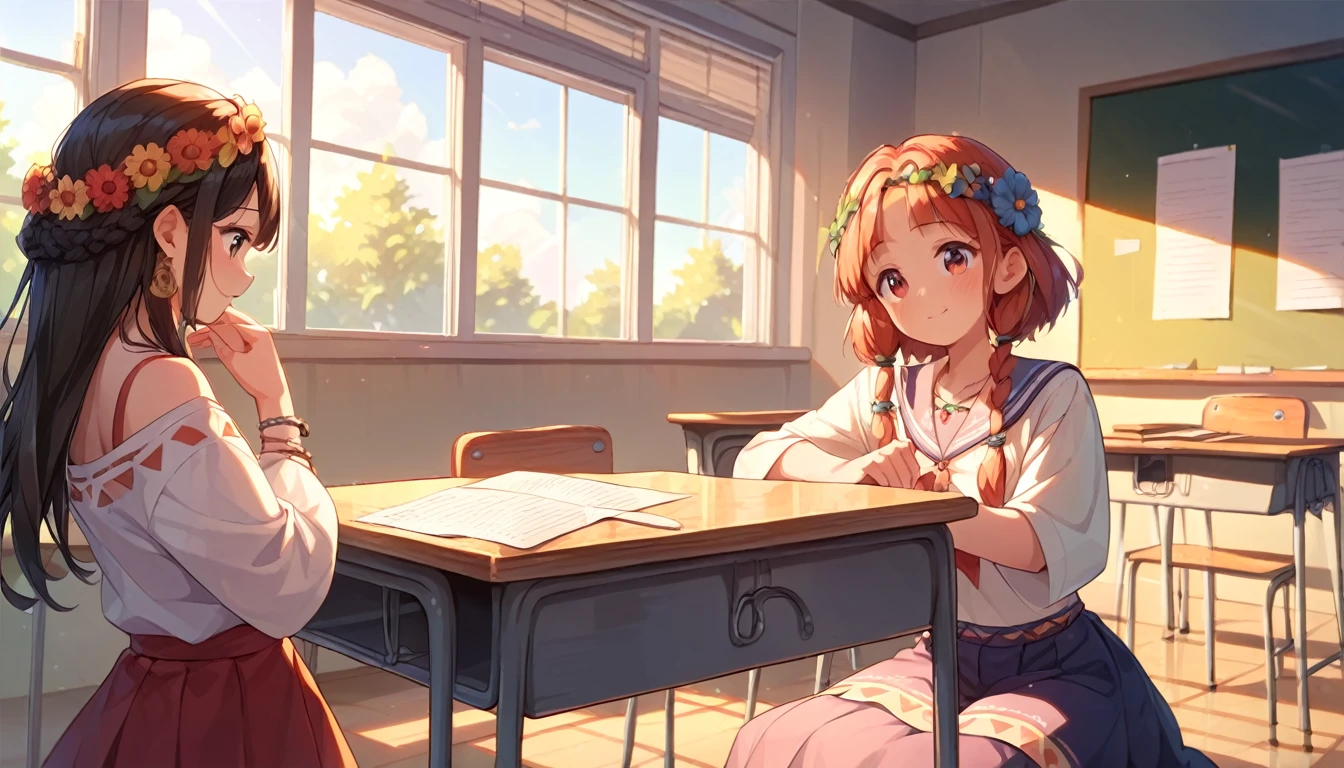 ((multiple girls:1.3)), ((moe style:1.3)), ((hippie:1.3)), ((classroom:1.3)), ((centerfold:1.3)), ((extremely feminine:1.3)), perfect hands, ((perfect face)), ((extremely cute:1.3)), ((masterpiece)), ((8k)), ((best quality)), ((beautiful)), ((extremely detailed:1.3)) , ((absurdres)), AddXL, ((score_9:1.3)), ((score_8_up:1.3)), ((score_7_up:1.3))
