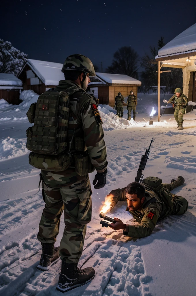 A tense firefight between Indian soldiers and enemy forces, with gunfire lighting up the dark, snowy night."