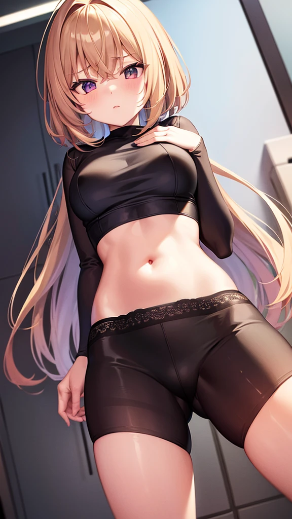 1girl, underwear, lingerie, tight shirt, big chest, reaching at the top of a cupboard, shiny skin, touching her stomach