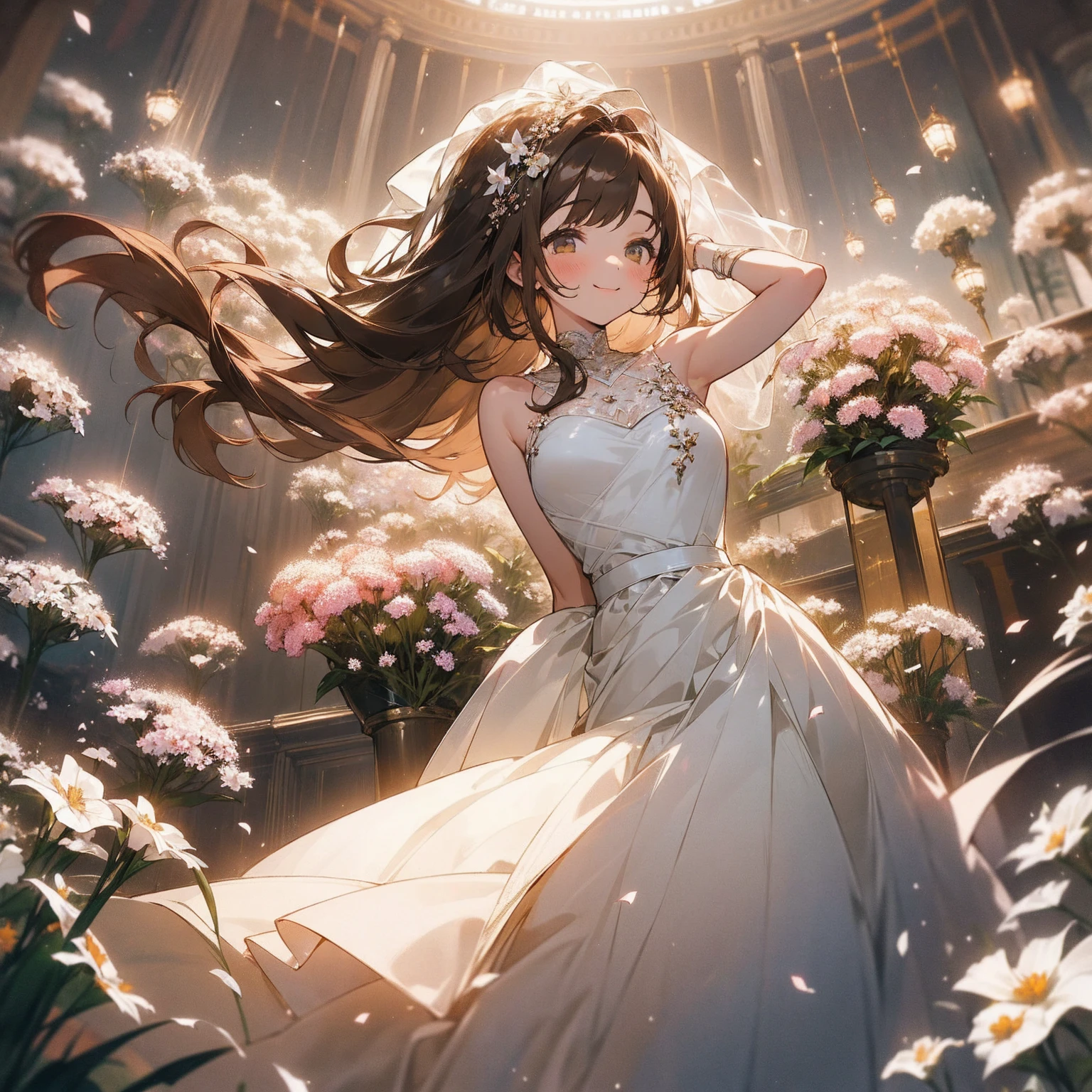 (Beautiful and aesthetic:1.2)、(1 Girl:1.3)、(Brown color hair:1.2)、Wearing a wedding dress、White gypsophila、miracle、happinessそうなsmile、smile、happiness、Gypsophila in full bloom、Fantastic space、