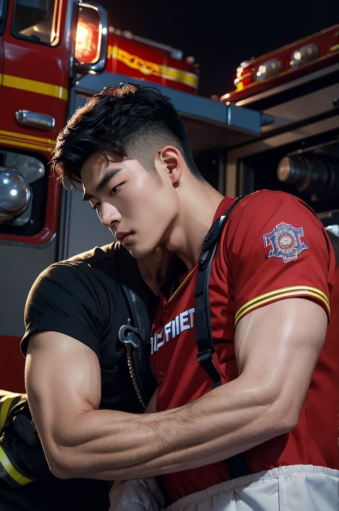 Best quality , Handsome, Military youth, fireman，exteriors，fire truck, full body, sexy, shirtless, chest hair, puberty hair, goatee, 