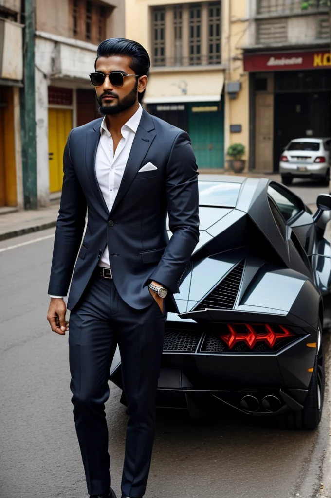 A young Bangladeshi man who looks very wealthy and smart, with long hair tied up at the back of his head and a French-cut beard. He has a muscular build with a six-pack, wearing sunglasses, a suit, an expensive watch on his wrist, and black Oxford shoes. Behind him, there is a Lamborghini and a company sign with "Gems Industry" written in large letters.