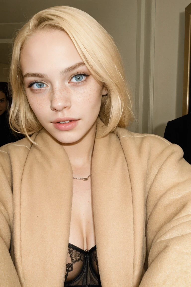 a sexy (young:1.3) girl, selfie, lingerie and coat, fashion, fashion blonde hair