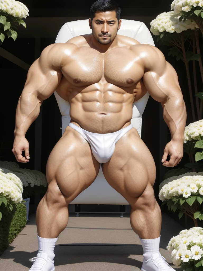 There is only one handsome Asian actor in the picture,35 years old,Tall and handsome, Toned body,short hair, O-Shaped Beard,Perfect body, Dark skin,Glowing skin,Smooth skin,The body is hairless,Muscle bulge, Muscular, Very large pectoral muscles,Very sexy abdominal muscles,Very well-developed leg muscles,Huge concave and convex area,Brightens oily skin,Wearing a white leather shiny thong,Handsome face, Correct and accurate male body proportions, Wear white leather socks,Stand among the flowers。
