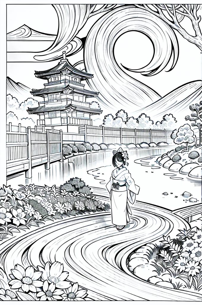 Obra maestra, superlativo,solamente, Dragon cute , flower line drawing background, fondo blanco, monocromo, line drawing, ((bosquejo)), spooky, white eyes, Please create a simple monochrome coloring book that even a can do, depicting a realistic and cute ukiyo-e illustration of a girl in a kimono, in various poses, with a Japanese garden in the background, that conveys Japanese culture.