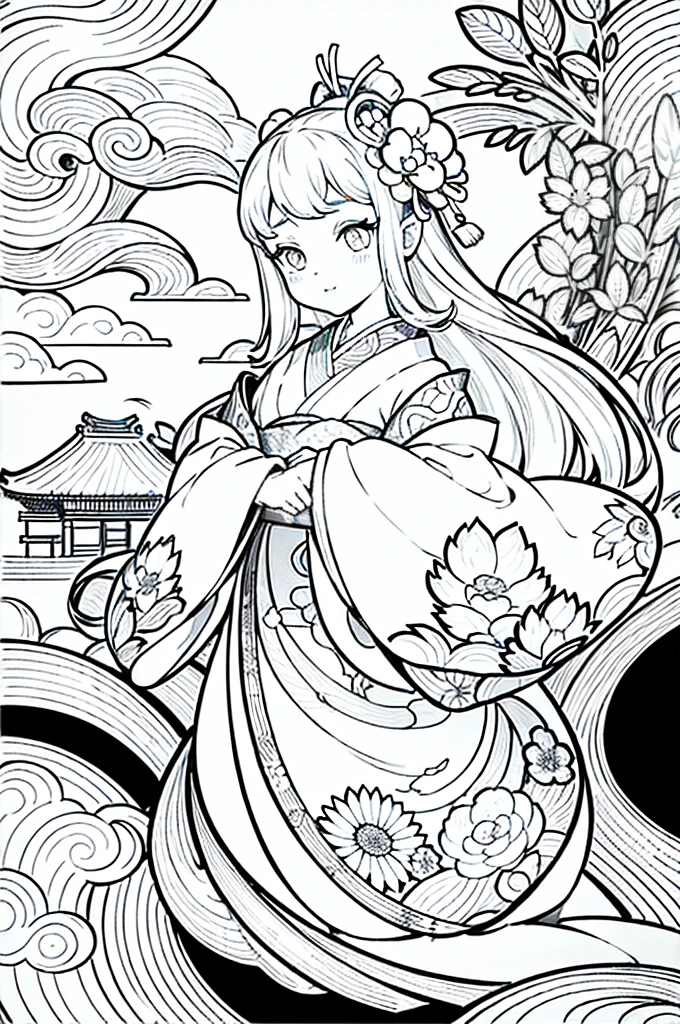 As a coloring book, the color should be black and white, the border should be simple, clear, and bold. A graceful Asian girl with elegant movements is performing a traditional Japanese dance in a grand [Kabuki theater]. She is wearing an exquisite [kimono with crane pattern], the flowing silk fabric accentuating her graceful movements. The girl's face is painted with delicate makeup, and her hair is adorned with an elaborate [hair ornament]. The intricate details of the kimono and the theater setting provide a rich visual tapestry for the coloring book illustration.