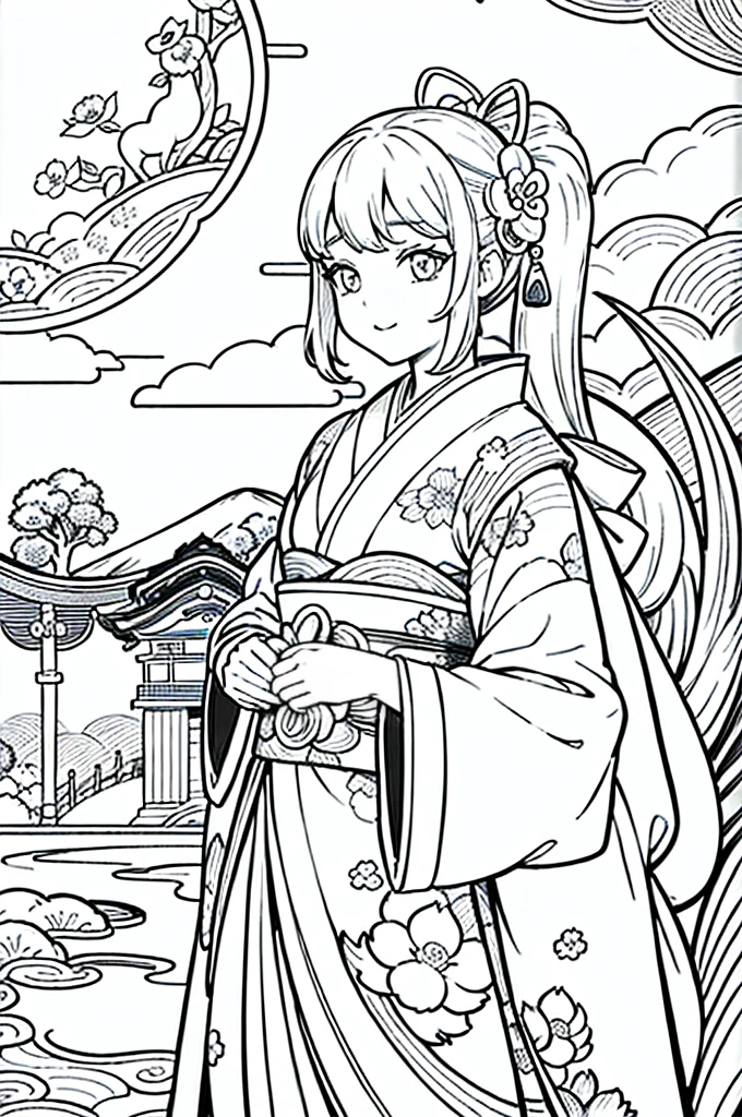 Obra maestra, superlativo,solamente, Dragon cute , flower line drawing background, fondo blanco, monocromo, line drawing, ((bosquejo)), spooky, white eyes, Please create a simple monochrome coloring book that even a can do, depicting a realistic and cute ukiyo-e illustration of a girl in a kimono, in various poses, with a Japanese garden in the background, that conveys Japanese culture.