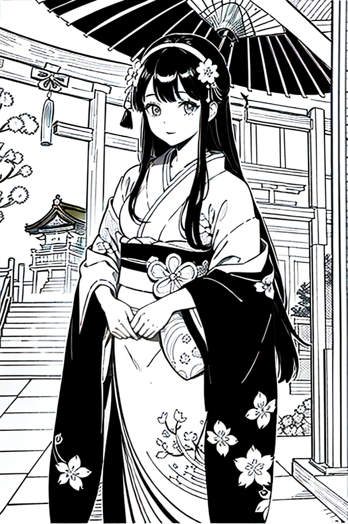 As a coloring book, the color should be black and white, the border should be simple, clear, and bold. [Girl with long black hair] wearing a [kimono with cherry blossom pattern] visiting [Kiyomizu-dera temple] in Kyoto, Japan, with [sakura hair ornaments]