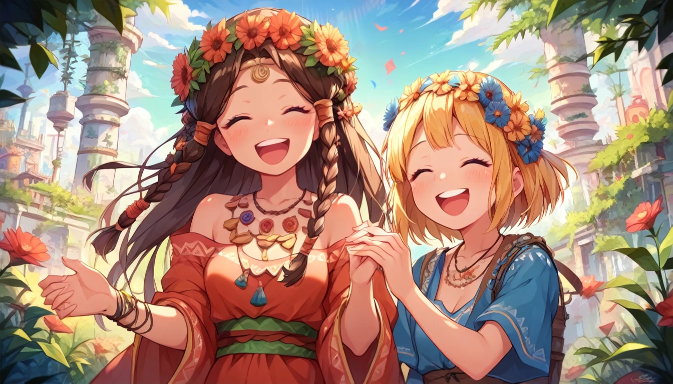 ((multiple girls:1.3)), ((moe style:1.3)), ((hippie:1.3)), ((surreal:1.3)), ((laughing:1.3)), ((centerfold:1.3)), ((extremely feminine:1.3)), perfect hands, ((perfect face)), ((extremely cute:1.3)), ((masterpiece)), ((8k)), ((best quality)), ((beautiful)), ((extremely detailed:1.3)) , ((absurdres)), AddXL, ((score_9:1.3)), ((score_8_up:1.3)), ((score_7_up:1.3)),