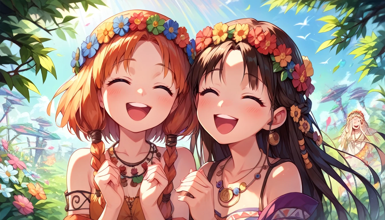 ((multiple girls:1.3)), ((moe style:1.3)), ((hippie:1.3)), ((surreal:1.3)), ((laughing:1.3)), ((centerfold:1.3)), ((extremely feminine:1.3)), perfect hands, ((perfect face)), ((extremely cute:1.3)), ((masterpiece)), ((8k)), ((best quality)), ((beautiful)), ((extremely detailed:1.3)) , ((absurdres)), AddXL, ((score_9:1.3)), ((score_8_up:1.3)), ((score_7_up:1.3)),