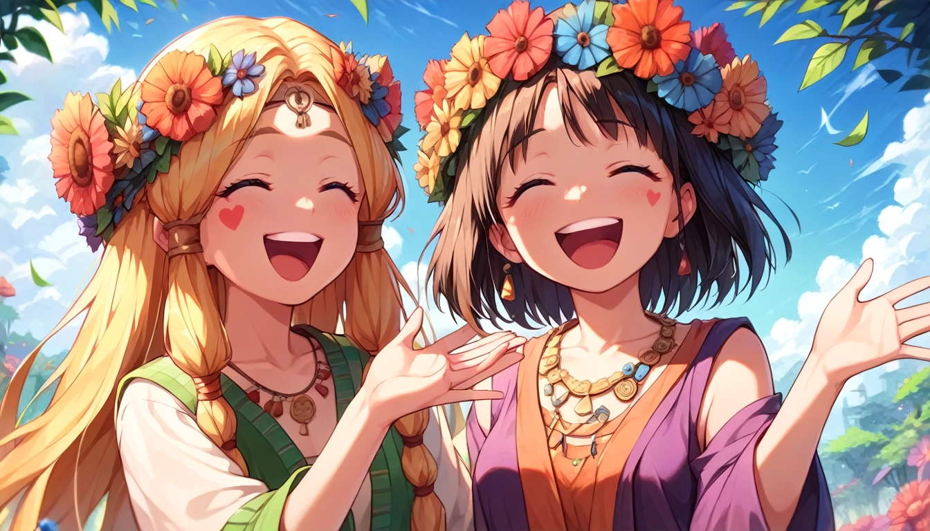 ((multiple girls:1.3)), ((moe style:1.3)), ((hippie:1.3)), ((surreal:1.3)), ((laughing:1.3)),  ((centerfold:1.3)), ((extremely feminine:1.3)), perfect hands, ((perfect face)), ((extremely cute:1.3)), ((masterpiece)), ((8k)), ((best quality)), ((beautiful)), ((extremely detailed:1.3)) , ((absurdres)), AddXL, ((score_9:1.3)), ((score_8_up:1.3)), ((score_7_up:1.3)),