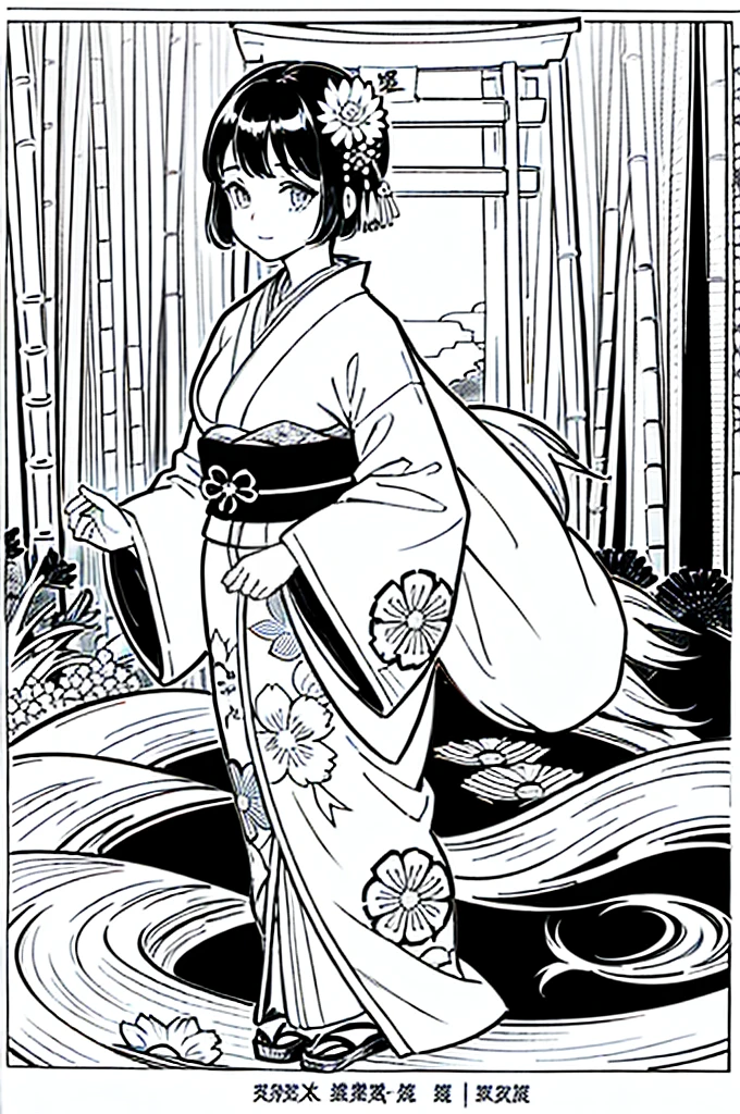 As a coloring book, the color should be black and white, the border should be simple, clear, and bold. [Girl with short brown hair] wearing a [kimono with koi fish pattern] strolling through the [Arashiyama Bamboo Forest] in Kyoto, Japan, with [kanzashi hair ornaments]