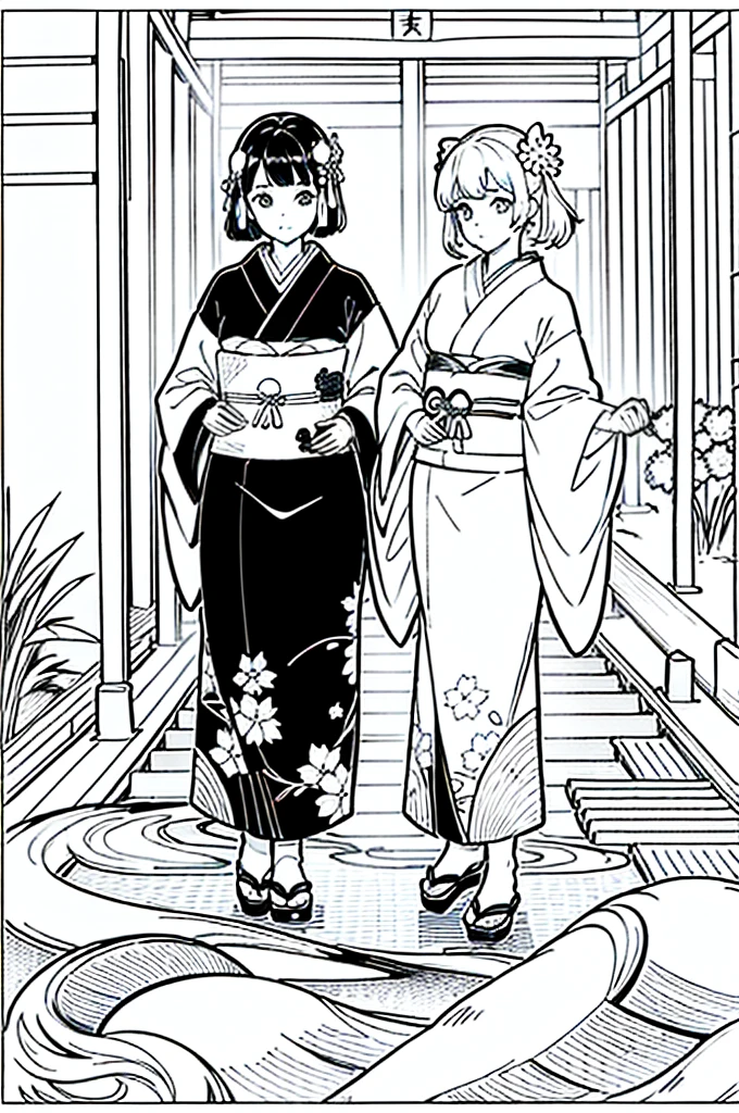 As a coloring book, the color should be black and white, the border should be simple, clear, and bold. [Girl with short brown hair] wearing a [kimono with koi fish pattern] strolling through the [Arashiyama Bamboo Forest] in Kyoto, Japan, with [kanzashi hair ornaments]