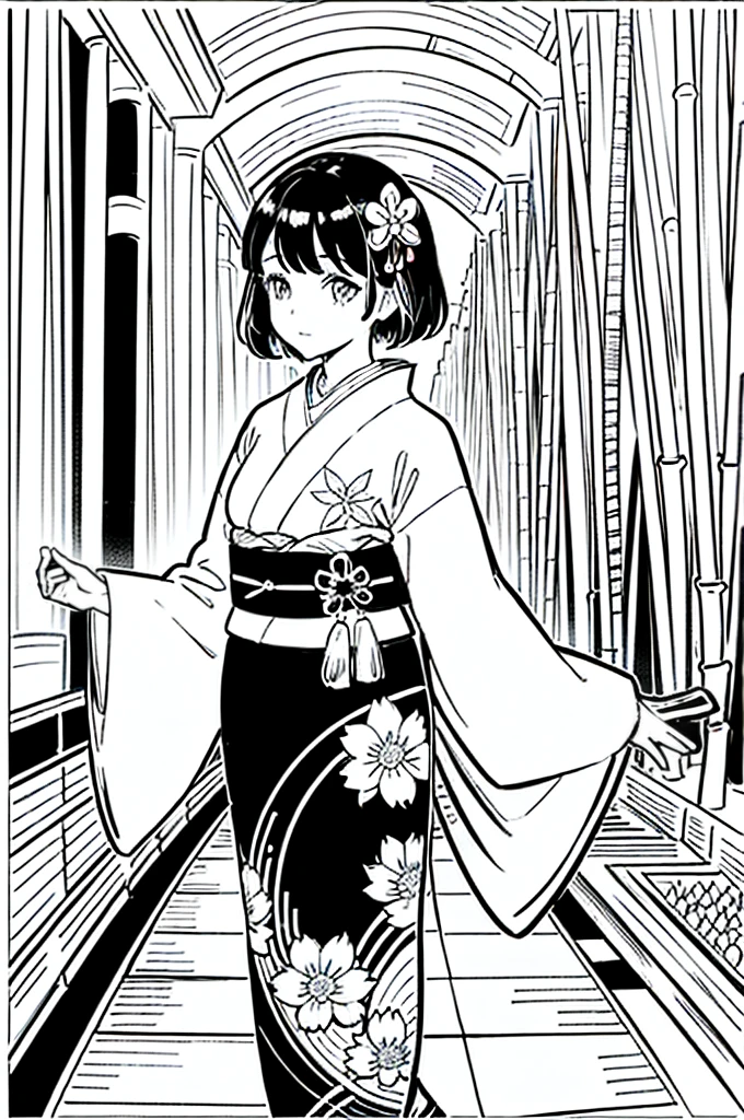 As a coloring book, the color should be black and white, the border should be simple, clear, and bold. [Girl with short brown hair] wearing a [kimono with koi fish pattern] strolling through the [Arashiyama Bamboo Forest] in Kyoto, Japan, with [kanzashi hair ornaments]