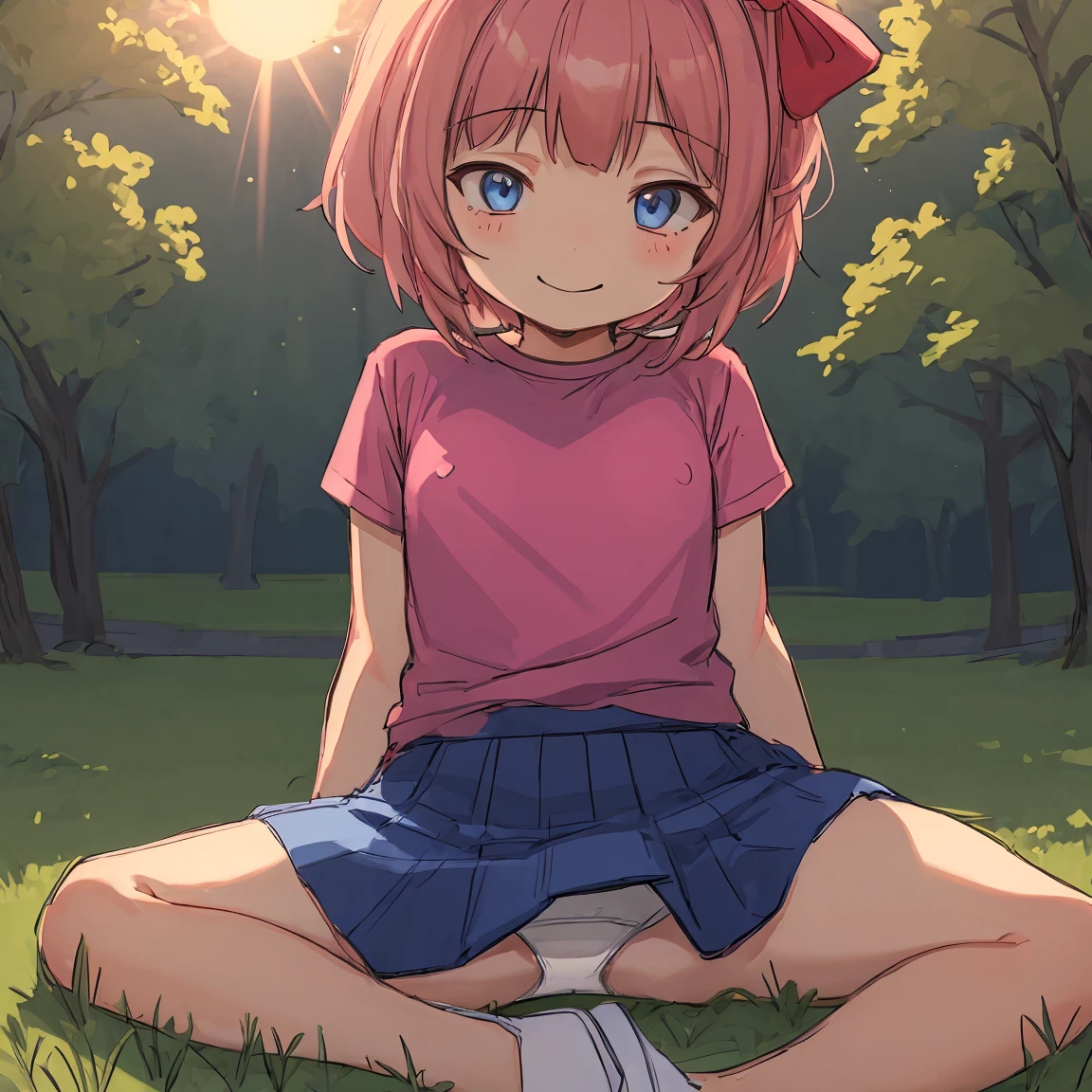 best quality, 1girl, sayori, portrait, solo, (light blush:0.5), (blush:0.2), short hair, pink hair, blue eyes, (small :1.2), smile, (petite:0.5), 14 years old, (:1.7), sketch, (pink t-shirt:1.5), , hair bow, red bow, (blue skirt:1.3), ( outline:0.9), (covered :1.6), sunlight, sun beams, sitting on grass, sitting down, park, surrounded by flowers, (evening setting), sweet expression, (sfw:0.7), (:1.2), happy, (white :1.4)