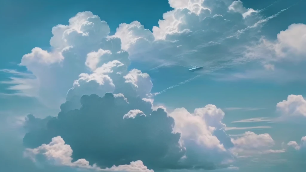 there is a plane flying through the Sky with clouds, hyper Realistic Clouds, Realistic Clouds, aesthetic Sky with clouds, Dreamy Clouds, Beautiful cloudy atmosphere, Calm clouds, Sky with swirling clouds, Anime Cloud, Volume Cloud, Soft Clouds, Detailed Clouds, Sky with clouds, Fluffy white clouds, Cloudy sky in dream heaven, Clouds of heaven