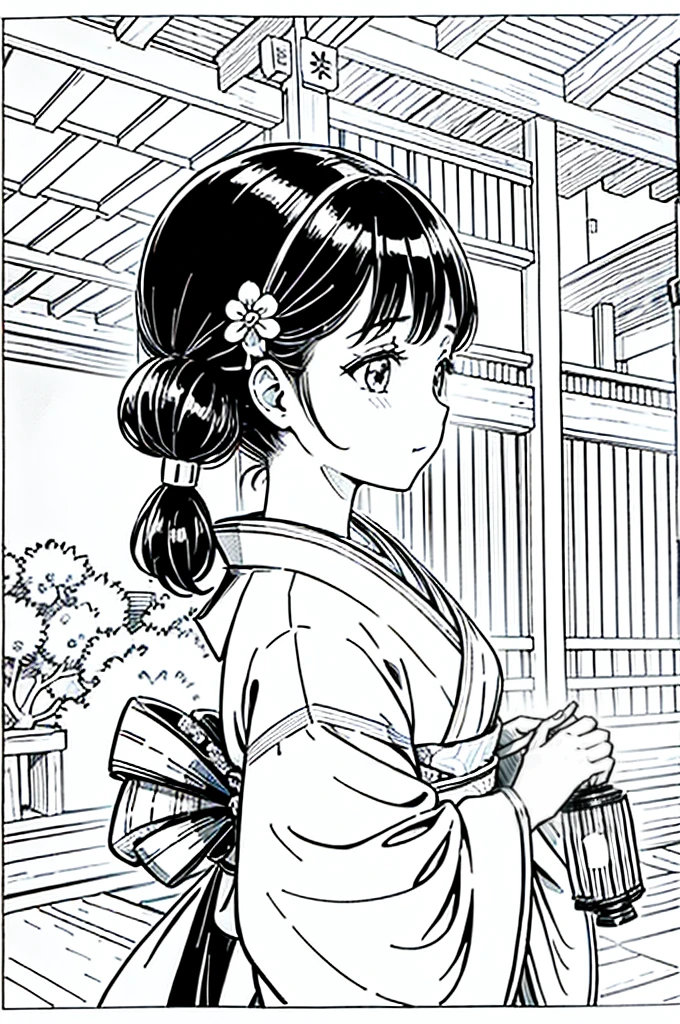 As a coloring book, the color should be black and white, the border should be simple, clear, and bold. [Girl with pigtails] wearing a [kimono with waves pattern] holding a [paper lantern] at the [Gion Matsuri festival] in Kyoto, Japan, with [sakura hair clips]