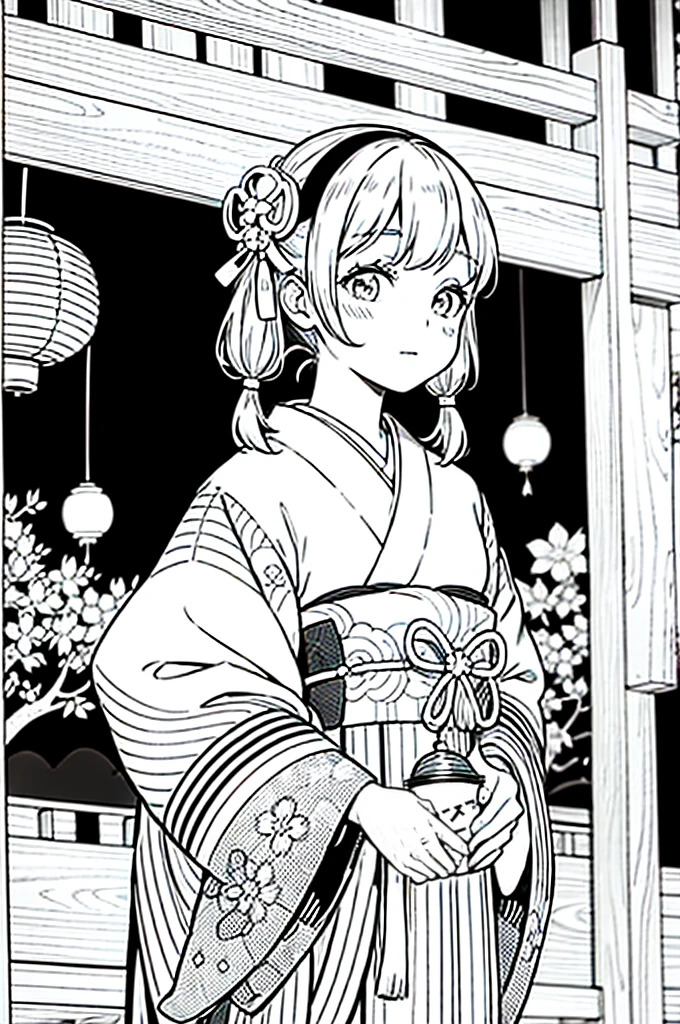 As a coloring book, the color should be black and white, the border should be simple, clear, and bold. [Girl with pigtails] wearing a [kimono with waves pattern] holding a [paper lantern] at the [Gion Matsuri festival] in Kyoto, Japan, with [sakura hair clips]