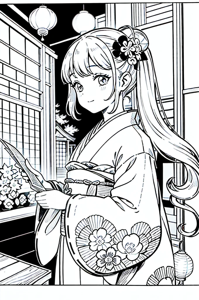 As a coloring book, the color should be black and white, the border should be simple, clear, and bold. [Girl with pigtails] wearing a [kimono with waves pattern] holding a [paper lantern] at the [Gion Matsuri festival] in Kyoto, Japan, with [sakura hair clips]