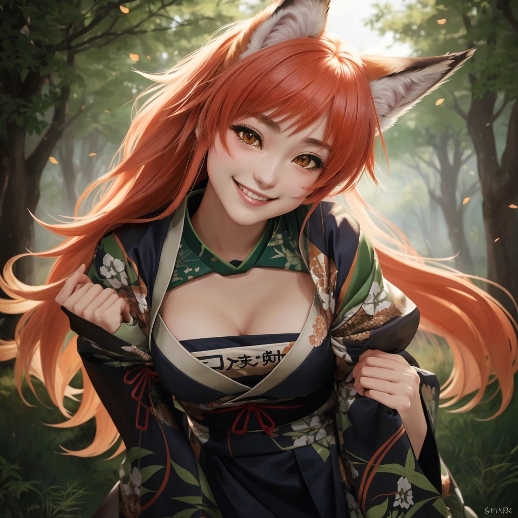 garota anime com orelhas de red fox sentada na floresta, red fox, Correr is a wolf girl, Correr if a wolf girl, Correr, red fox e arbusto, cunning smile, by Shingei, thick, highest rated on pixiv, of the girls on the front line, Pixiv 3DCG, kimono, makoto shinka, shy smile