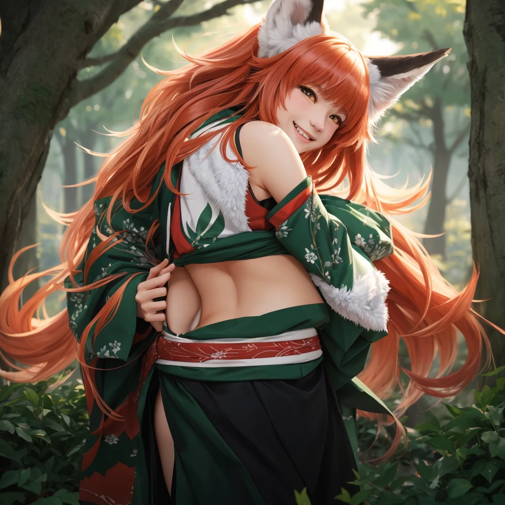 garota anime com orelhas de red fox sentada na floresta, red fox, Correr is a wolf girl, Correr if a wolf girl, Correr, red fox e arbusto, cunning smile, by Shingei, thick, highest rated on pixiv, of the girls on the front line, Pixiv 3DCG, kimono, makoto shinka, shy smile