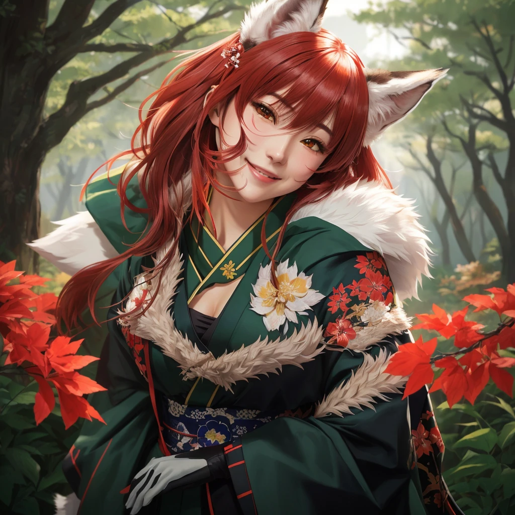 garota anime com orelhas de red fox sentada na floresta, red fox, Correr is a wolf girl, Correr if a wolf girl, Correr, red fox e arbusto, cunning smile, by Shingei, thick, highest rated on pixiv, of the girls on the front line, Pixiv 3DCG, kimono, makoto shinka, shy smile