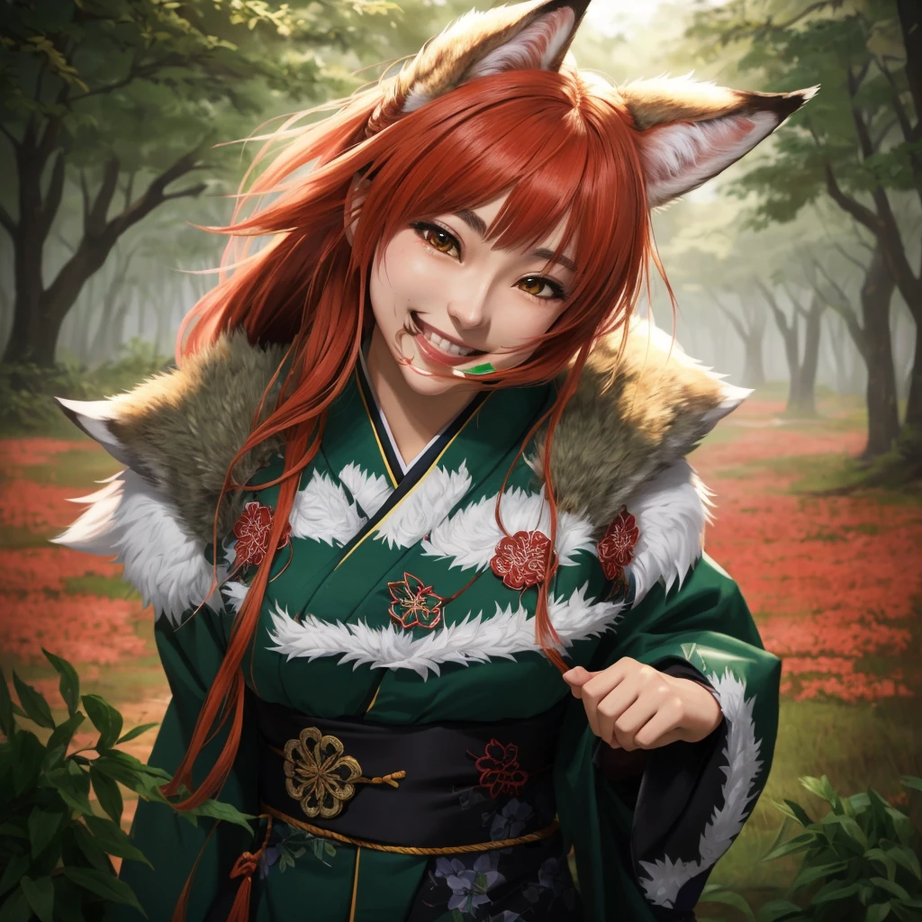 garota anime com orelhas de red fox sentada na floresta, red fox, Correr is a wolf girl, Correr if a wolf girl, Correr, red fox e arbusto, cunning smile, by Shingei, thick, highest rated on pixiv, of the girls on the front line, Pixiv 3DCG, kimono, makoto shinka, shy smile