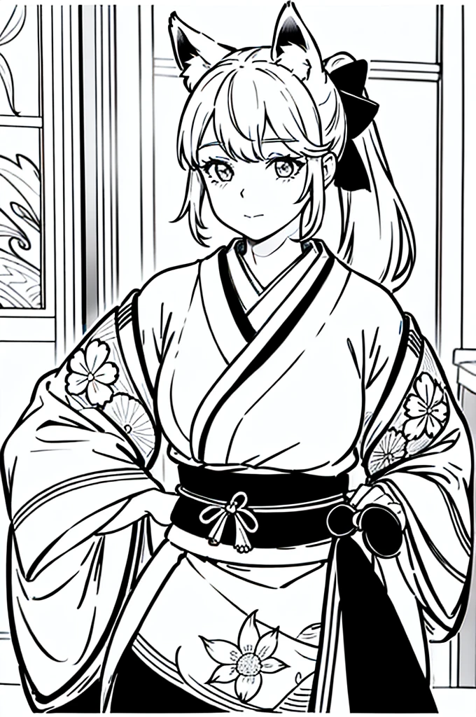 As a coloring book, the color should be black and white, the border should be simple, clear, and bold. [Girl with a ponytail] wearing a [kimono with fox pattern] practicing [kendo] in a [dojo], with [hair ties decorated with fox charms]