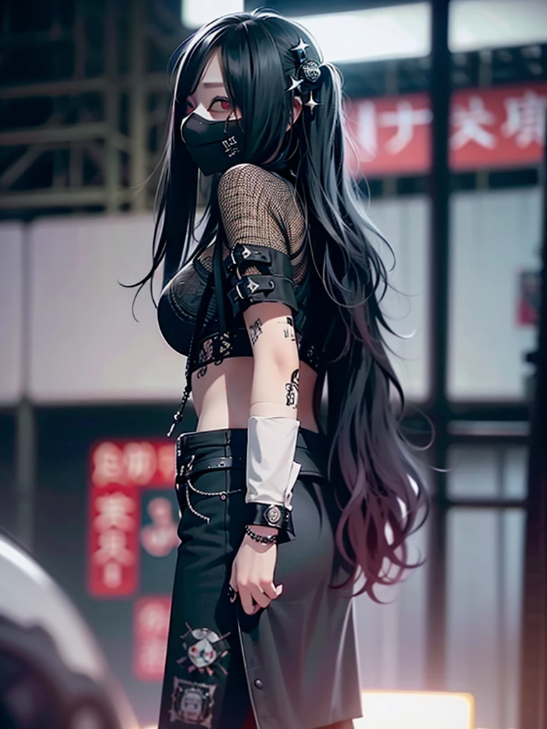 Highest quality、8K、masterpiece：1.3、Gothic Punk、The inside color is red、Black-haired、hair ornaments、Beautiful girl、creative、Dark Fantasy Style、Neogoth、Goth Fashion：1.2、High resolution、masterpiece、Highest quality、頭w:1.3、((Hasselblad Photos))、Fine skin、Sharp focus、(Cinematic lighting)、Realistic textured hair、((Black Mask)),Esbian all over、((View from below))