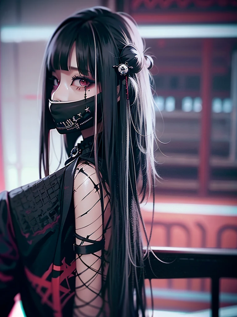 Highest quality、8K、masterpiece:1.3、Gothic Punk、The inside color is red、Black-haired、hair ornaments、Beautiful girl、creative、Dark Fantasy Style、Neogoth、Goth Fashion:1.2、High resolution、masterpiece、Highest quality、頭w:1.3、((Hasselblad Photos))、Fine skin、Sharp focus、(Cinematic lighting)、Realistic textured hair、((Black Mask)),Esbian all over、((View from below))