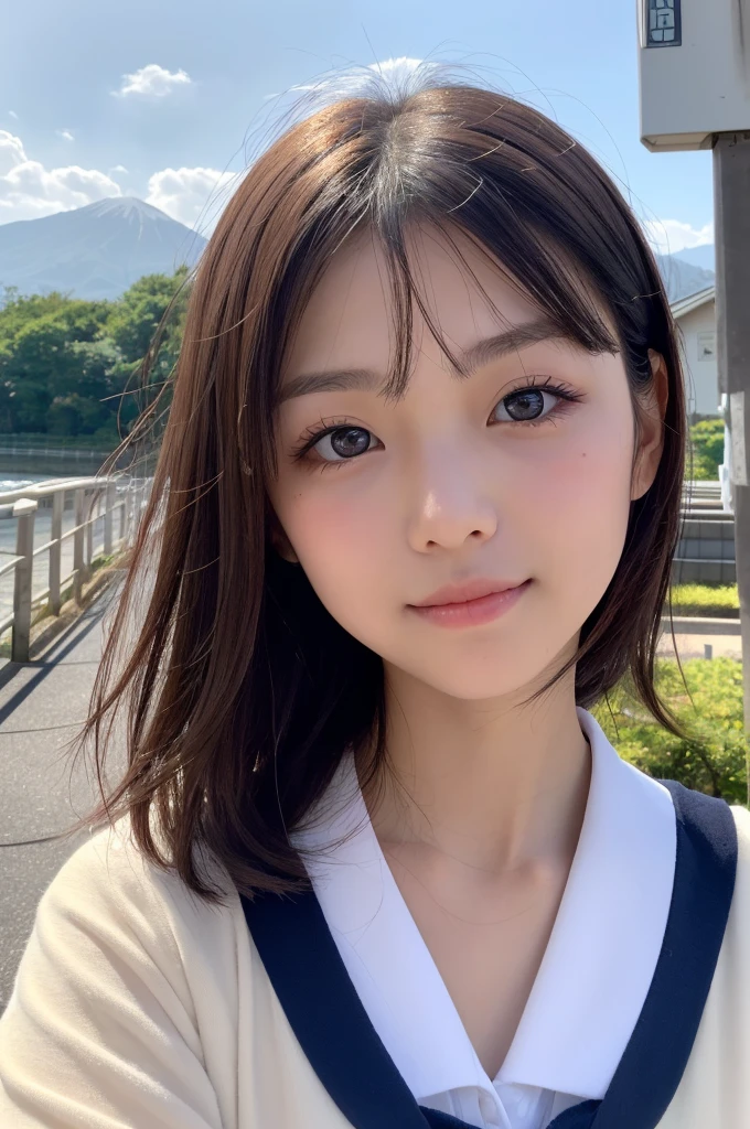 (1 Girl )、(Beautiful Japanese、18years old,round face、Refreshing、clear、seems kind、stylish、Pitiful、cute like an angel、cute、black eyes、(Single eyelid:1.6)、Beautiful skin), {(Japan human face:1.4),(General facial features)} , (((Beautiful breasts:0.4))),(((soft breasts))),(very cute),(short hair),(enchanting eyes),(highlight on eyes:1.2)、(8K、Live shooting、highest quality、masterpiece:1.2、optimal lighting)、((masterpiece)),(Photo taken by a professional photographer),(real、photo real:1.4),BREAK,{(cute Japanese high school sailor uniform),((traditional Sailor Suit:1.0))},(cheeks are red:1.3), BREAK, BREAK,Face shot:1.3、 face close-up,Looking at viewer,smile、Japan,morning、Summer、、Hair swaying in the wind:1.4,Beautiful Sunrise,View of the mountains in the distance