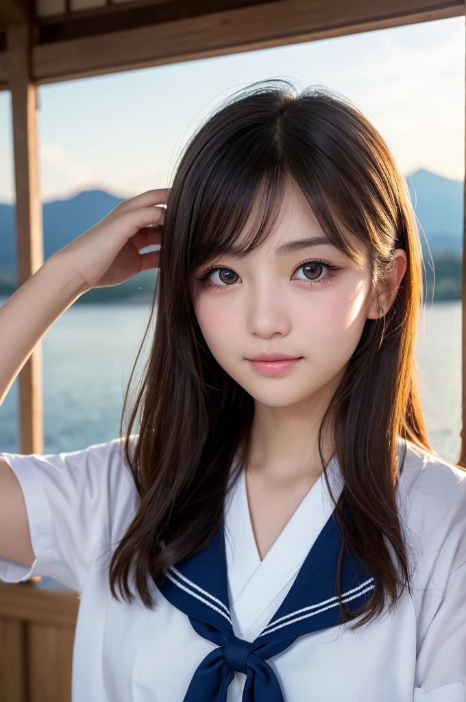 (1 Girl )、(Beautiful Japanese、18years old,round face、Refreshing、clear、seems kind、stylish、Pitiful、cute like an angel、cute、black eyes、(Single eyelid:1.6)、Beautiful skin), {(Japan human face:1.4),(General facial features)} , (((Beautiful breasts:0.4))),(((soft breasts))),(very cute),(short hair),(enchanting eyes),(highlight on eyes:1.2)、(8K、Live shooting、highest quality、masterpiece:1.2、optimal lighting)、((masterpiece)),(Photo taken by a professional photographer),(real、photo real:1.4),BREAK,{(cute Japanese high school sailor uniform),((traditional Sailor Suit:1.0))},(cheeks are red:1.3), BREAK, BREAK,Face shot:1.3、 face close-up,Looking at viewer,smile、Japan,morning、Summer、、Hair swaying in the wind:1.4,Beautiful Sunrise,View of the mountains in the distance