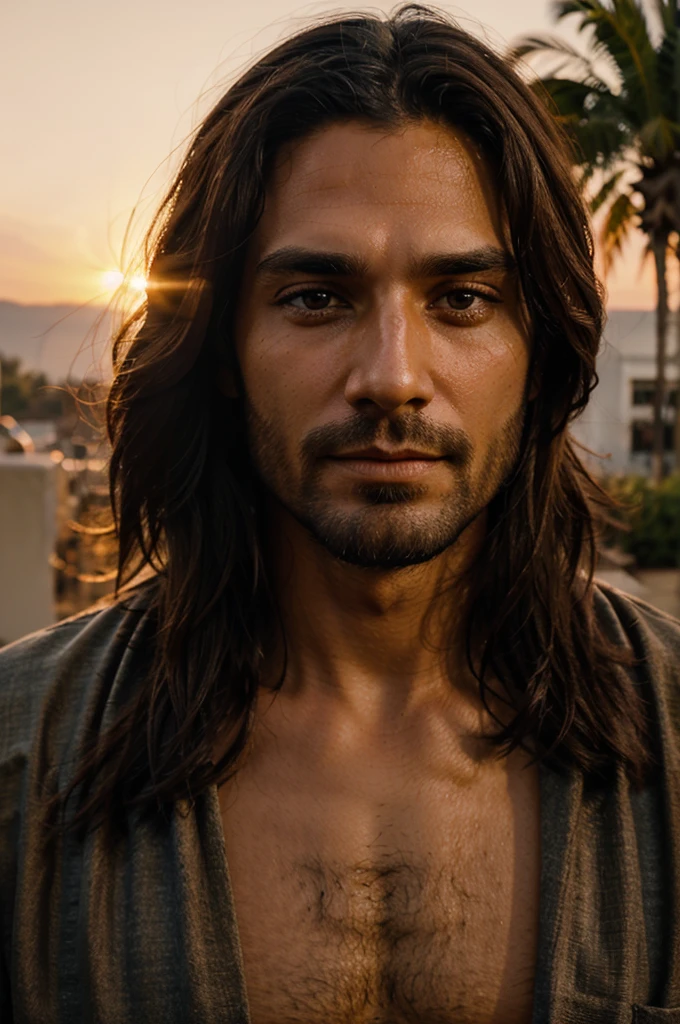Face of man Jesus Christ in high definition with sunset behind