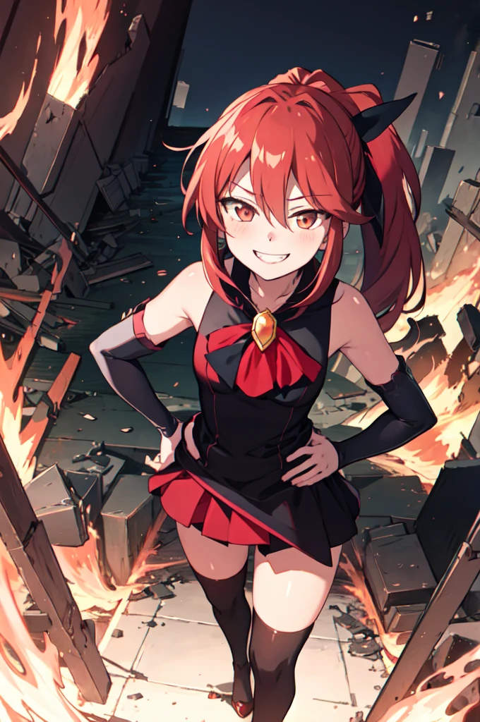 Highest quality, masterpiece, One Girl,Not beautiful, Red Ponytail, Long dress, brooch, Hair Ribbon, - Elbow hand pockets, Black knee socks, Standing on the rubble, Cityscape in a sea of fire, (Wicked Smile:1.1), Hands on hips,,Dark shadowed face,Sadistic smile,Malice,Contempt,smile,latex,Bad face,,Red Skirt,