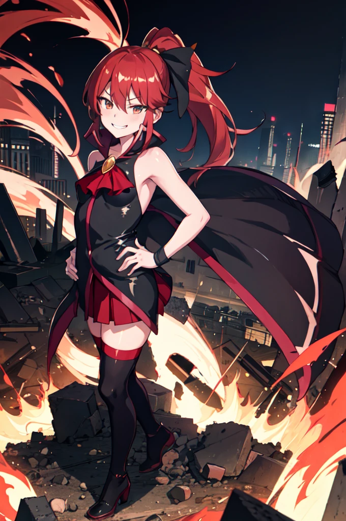 Highest quality, masterpiece, One Girl,Not beautiful, Red Ponytail, Long dress, brooch, Hair Ribbon, - Elbow hand pockets, Black knee socks, Standing on the rubble, Cityscape in a sea of fire, (Wicked Smile:1.1), Hands on hips,,Dark shadowed face,Sadistic smile,Malice,Contempt,smile,latex,Bad face,,Red Skirt,