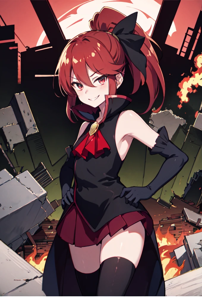 Highest quality, masterpiece, One Girl,Not beautiful, Red Ponytail, Long dress, brooch, Hair Ribbon, - Elbow hand pockets, Black knee socks, Standing on the rubble, Cityscape in a sea of fire, (Wicked Smile:1.1), Hands on hips,,Dark shadowed face,Sadistic smile,Malice,Contempt,smile,latex,Bad face,,Red Skirt,
