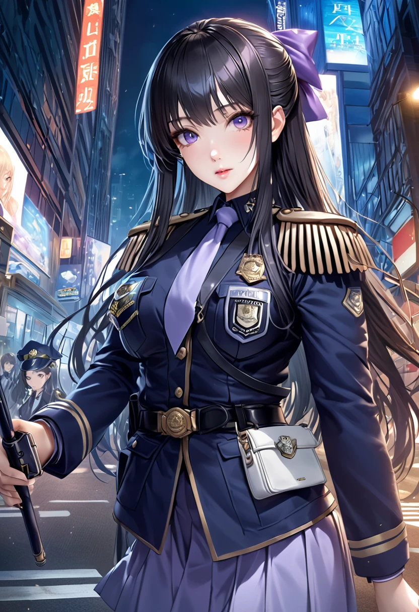 Highest品質、masterpiece、8K、Realistic、超High resolution、Very delicate and beautiful、High resolution、Cinema Lighting、medium range shooting、Perfect female body、Beautiful woman、Mature Woman、Medium Chest、Cityscape、Ryuzoji Akane、(Hime cut:1.8、Half-up long hair:1.8、Black Hair、Purple ribbon)、((Female police officer:1.4、Female police officerの、Female police officerの制帽、Uniform Buttons、tie、Uniform jacket))、Police Vehicles、Baton、handcuffs、wireless、Highest、Leather shoes、Name tag、uniform patch、防弾Highest、Police Badge、pantyhose、Pencil Skirt、pumps、Police Badge、Epaulettes、White handbag