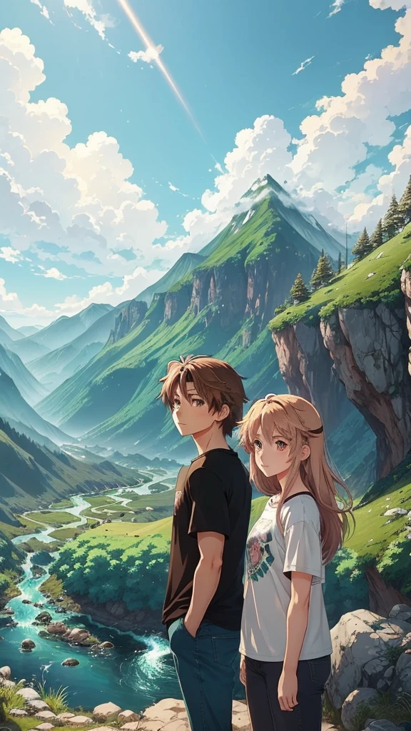 Anime A 20-year-old boy with short, windblown hair (color of your choice) and kind eyes.
A 20-year-old girl with long, flowing hair (color of your choice) and a warm smile.
Both characters are wearing comfortable clothes (jeans, t-shirts, etc.) with thick, brown leather collars.
Setting:
A lush, green mountain peak with vibrant green grass.
A single, large tree with leaves swaying in the gentle breeze.
A clear blue sky with a fluffy white cloud drifting by.
A bright sun shining down, casting warm light on the scene.
Another, majestic mountain range in the distance.
A sparkling river winding its way through the valley below.
Style:
Classic anime style with expressive eyes and dynamic poses.
Soft lighting and vibrant colors.
Focus on the peaceful and serene atmosphere.
Additional details:
You can add a picnic basket or other items next to the characters to suggest they are enjoying a day trip.
Feel free to adjust the clothing style or add details to personalize the characters further.
I hope this prompt helps you create your desired anime image!
tune
share
more_vert
expand_content
add_photo_alternatephoto_camera
mic
send
Gemini may display inaccurate info, including about people, so double-check its responses.