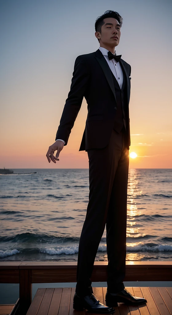He stood on the deck,Wear a black suit,Black clothes,Black tie overlooking the sea and sunshine, with sunset, sunset, With the sunset,, gorgeous romantic sunset, Cinematic full shots, photo shoot, sunset, Stills, asian man, cool movie poses