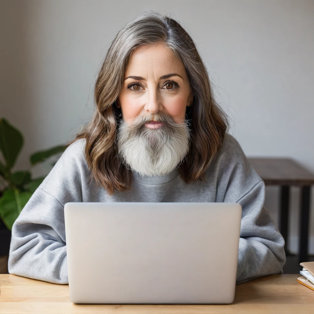 woman with a big gray beard, bobbed brown hair, hazel eyes, large rounded nose, behind her laptop, dressed in sweatshirt