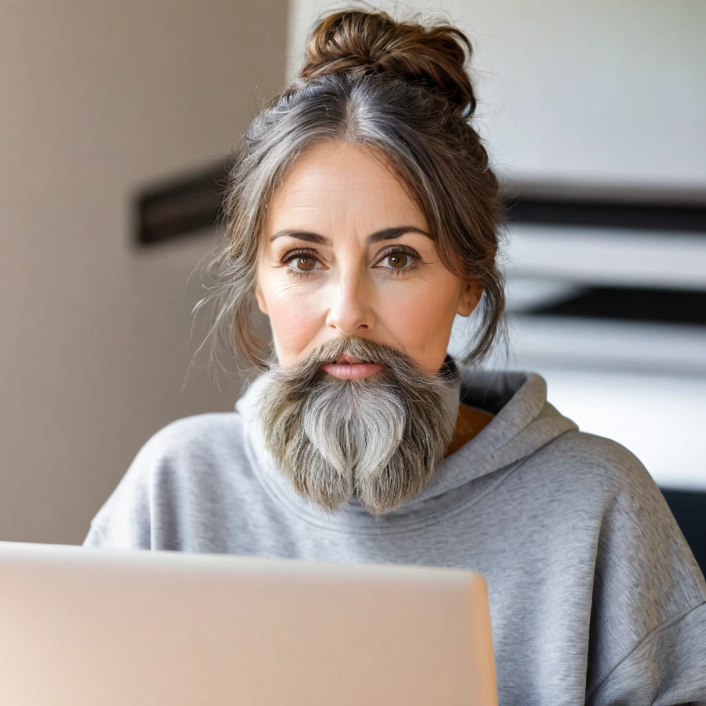 woman with a big gray beard, bobbed brown hair, hazel eyes, large rounded nose, behind her laptop, dressed in sweatshirt