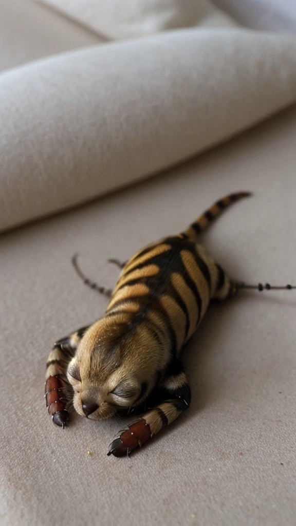 sleepless night, sleeping, lying down, realistic photo of a flea, very cute sleeping, simple background, masterpiece, best quality