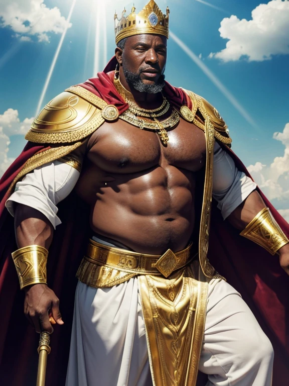 Hyperrealistic image of an elderly Senegalese man over 79 years old superhero king holy Christian martyr of the 2nd century AD imperial warrior with rays of light coming out of his bald body with a huge crown of gold and gems and a halo of light with rays on his super head heavy and very fat very handsome bodybuilder with huge, flaccid, very large pecs and very sweaty pointed nipples in a sky of very white clouds wearing only a leather and gold Roman skirt and a velvet cape over the shoulders with an ermine collar