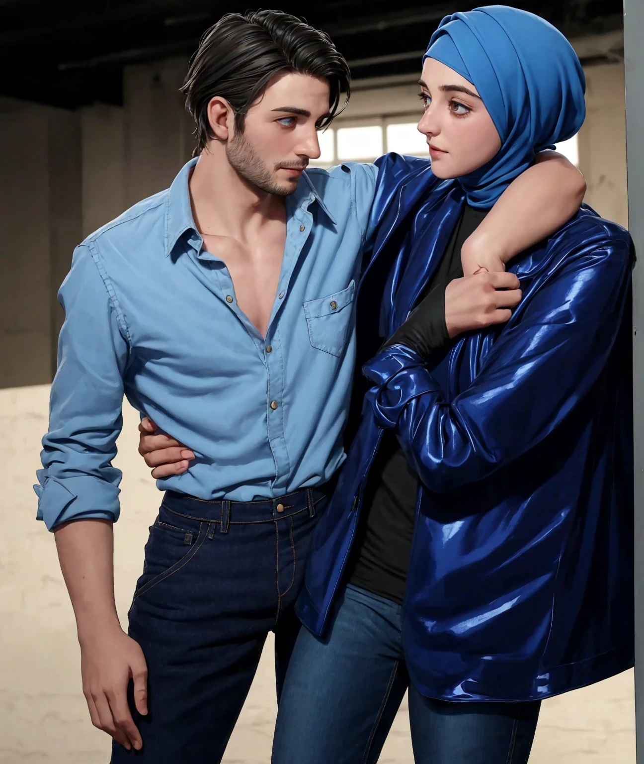 A young German man in a blue cotton shirt and jeans and a Syrian woman in a shiny plastic quilted coat and blue satin headscarf stand arm in arm in front of a refugee shelter, A German man in a cotton shirt and jeans is injured and is supported by a Syrian woman, A Syrian woman wearing a shiny plastic down coat supports an injured short-haired man, who can't walk alone, A Syrian woman wearing a headscarf holds an injured short-haired man in her arms, compassion, accident, injury, first aid, theater, ultra-realistic, photo