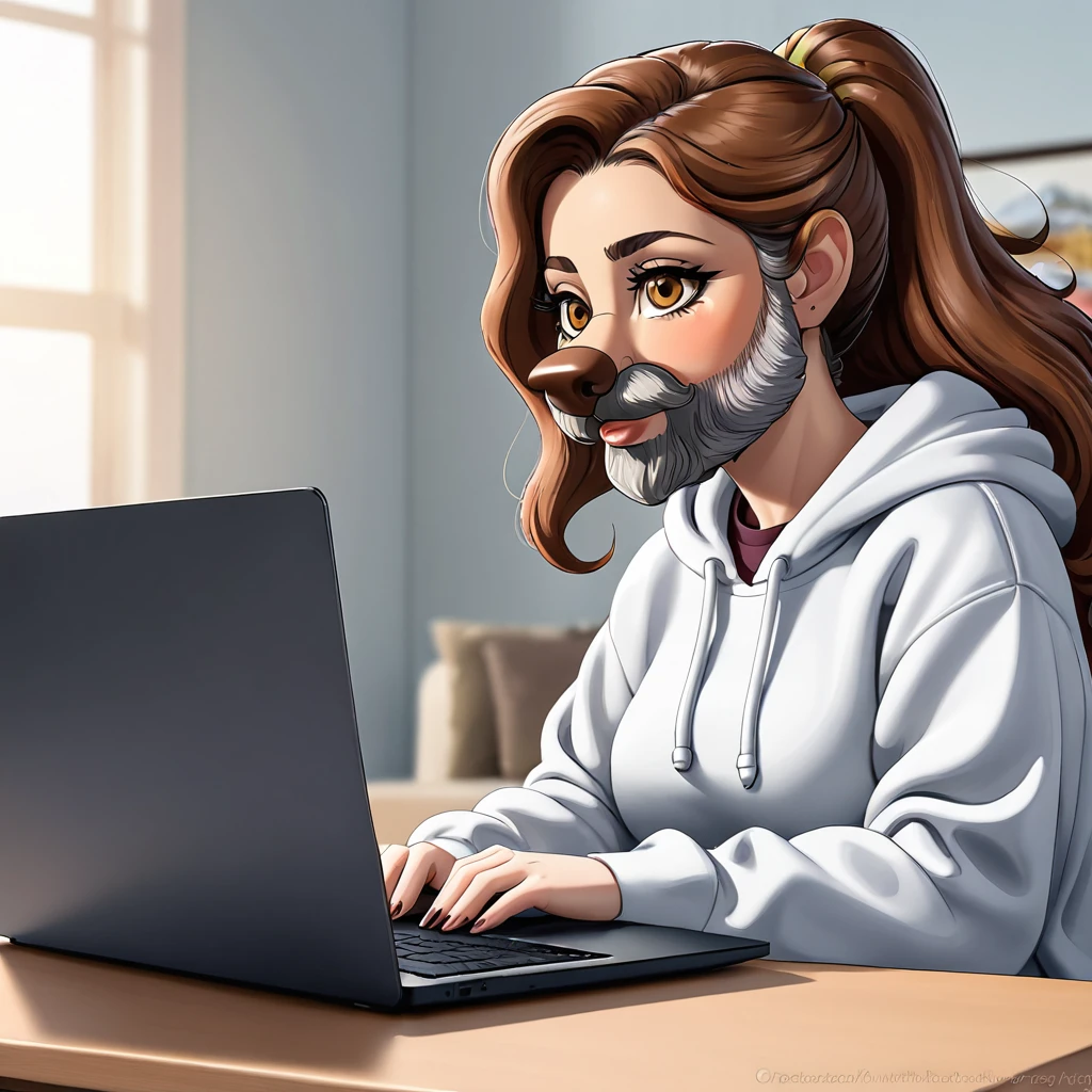 woman with a big gray beard, bobbed brown hair, hazel eyes, large rounded nose, behind her laptop, dressed in sweatshirt